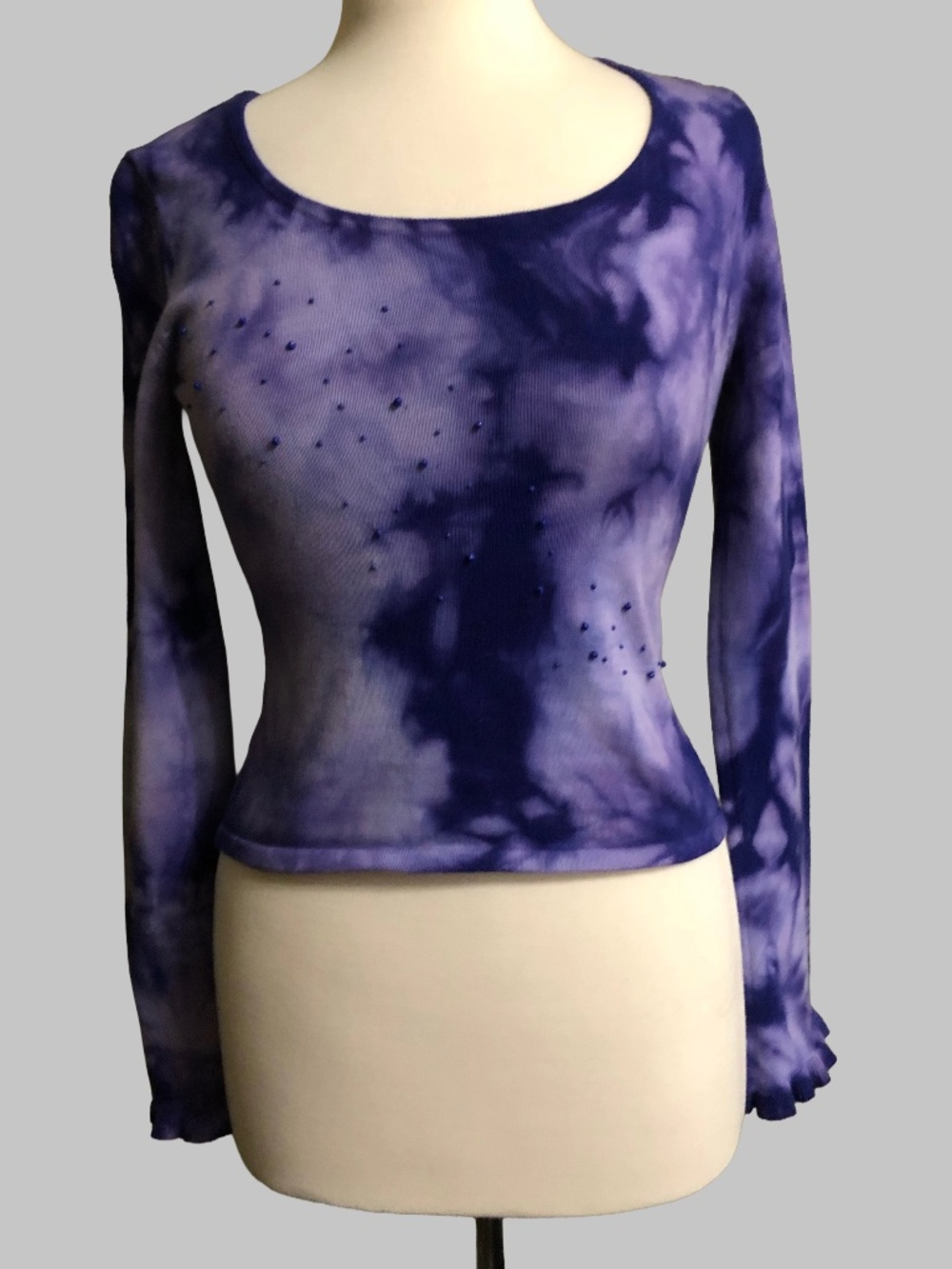 GUESS Vintage Y2K Purple Tie Dye Cobalt Beaded Crop Top Ruffle M